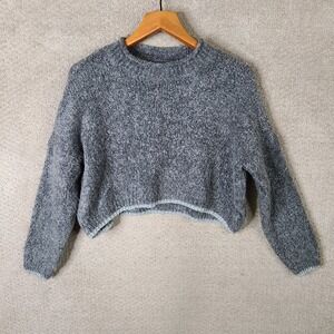 Urban Outfitters Sweater Women M Grey Marled Fuzzy Cropped Mock Neck Long Sleeve